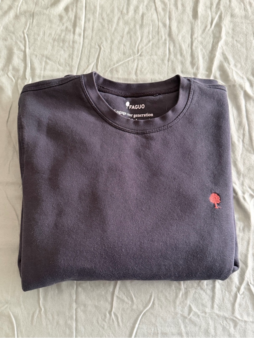 Men's Navy Crewneck Cardigan-Style Sweater with Red Tree Emblem